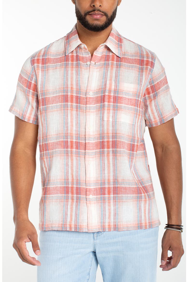 Short Sleeve Cotton & Linen Button-Up Shirt, Main, color, CORAL MULTI