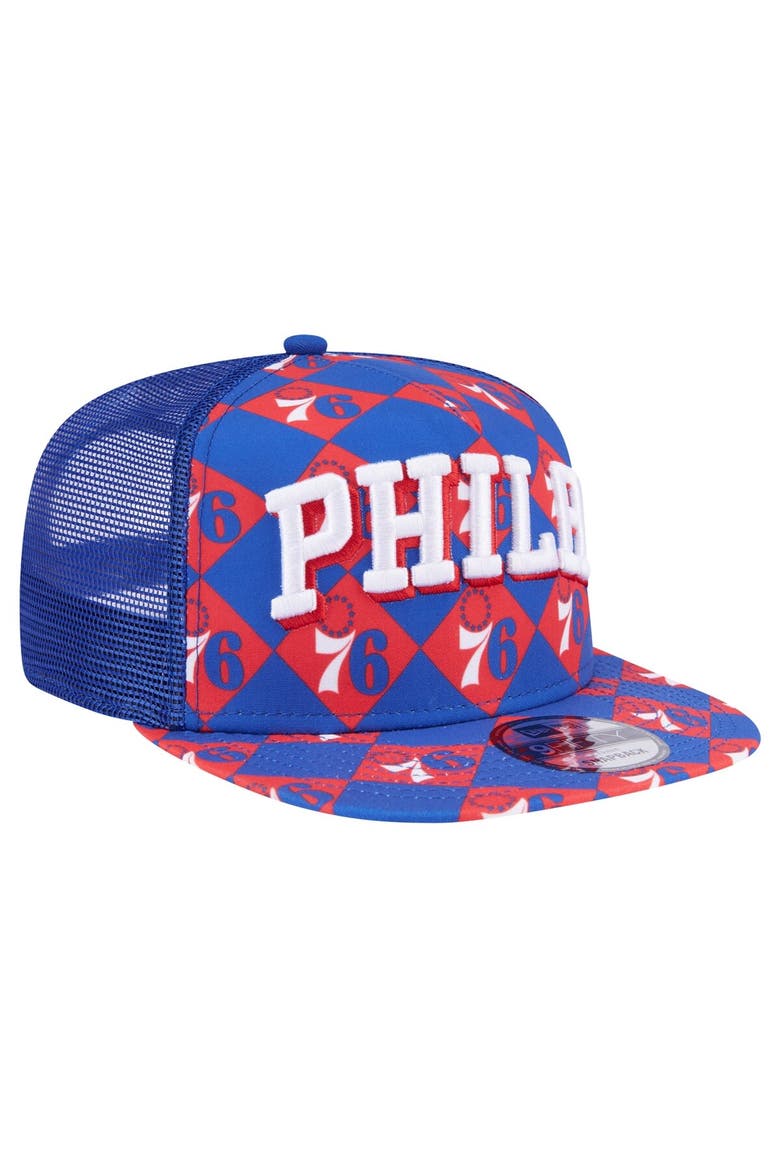 Men's New Era Royal Philadelphia 76ers Seeing Diamonds A-Frame Trucker 9FIFTY Snapback Hat, Alternate, color, Royal