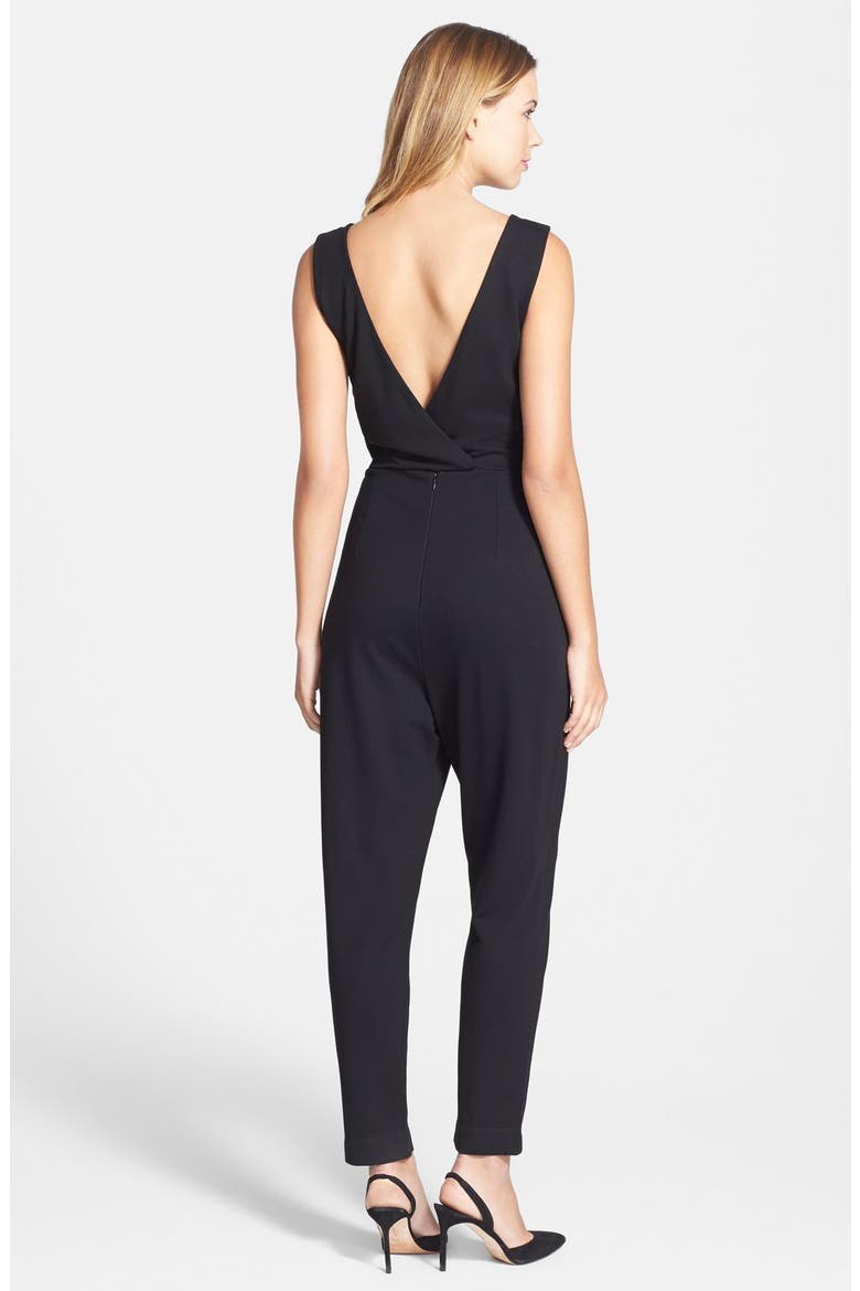 Double V-Neck Ponte Jumpsuit, Alternate, color, BLACK