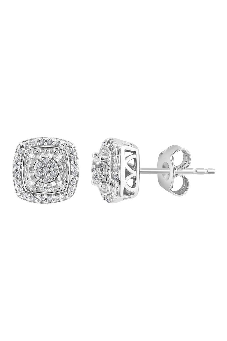 Sterling Silver Pavé Diamond Cushion Stud Earrings - 0.09 ctw, Main, color, WHITE