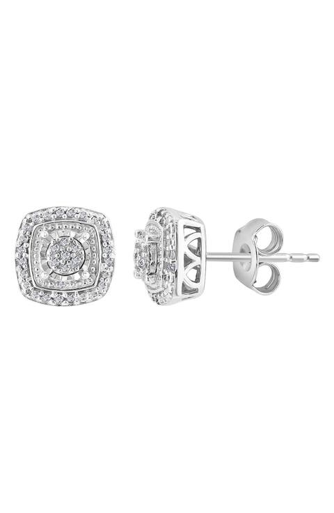 Sterling Silver Pavé Diamond Cushion Stud Earrings - 0.09 ctw
