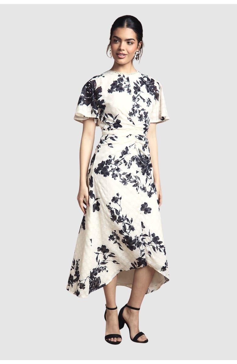 Wallis Floral Jacquard Cape Sleeve Midi Dress, Main, color, Ivory