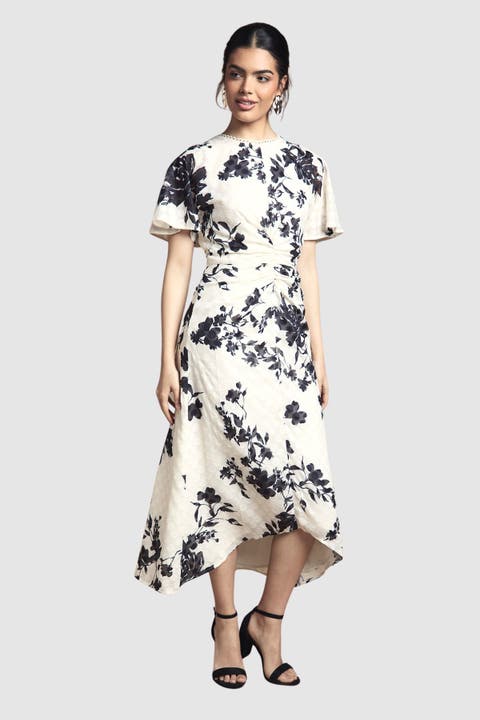 Floral Jacquard Cape Sleeve Midi Dress