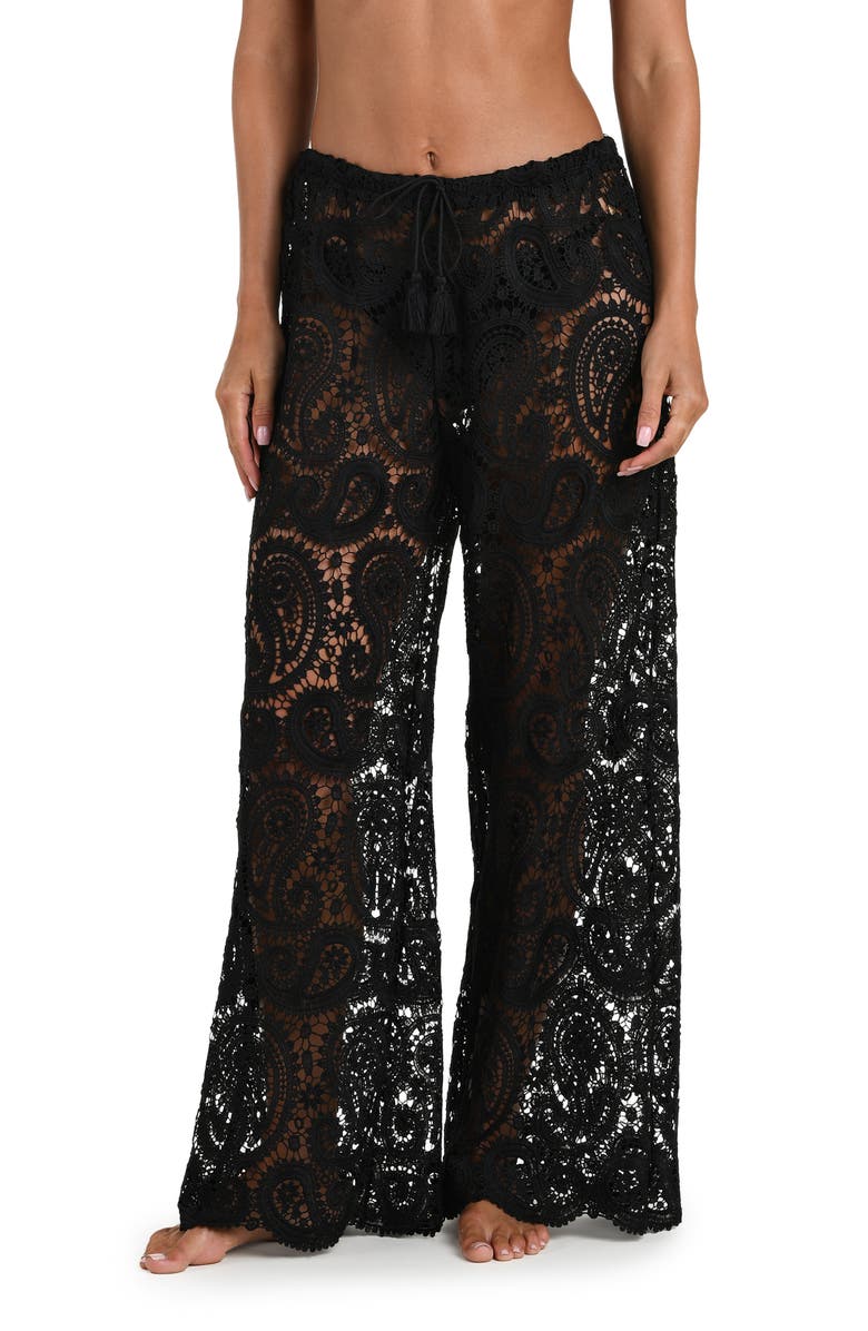L'AGENCE Geraldine Lace Wide Leg Cover-Up Pants, Alternate, color, Black
