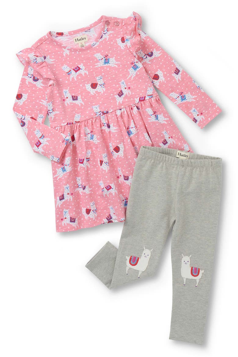 Dancing Alpaca Print Ruffle Dress & Leggings Set, Main, color, PINK