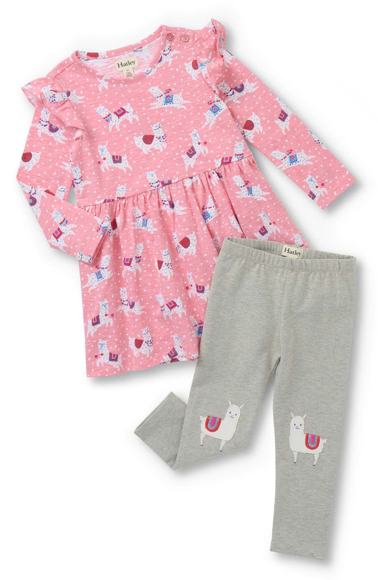 Hatley Dancing Alpaca Print Ruffle Dress & Leggings Set, Main, color, Pink