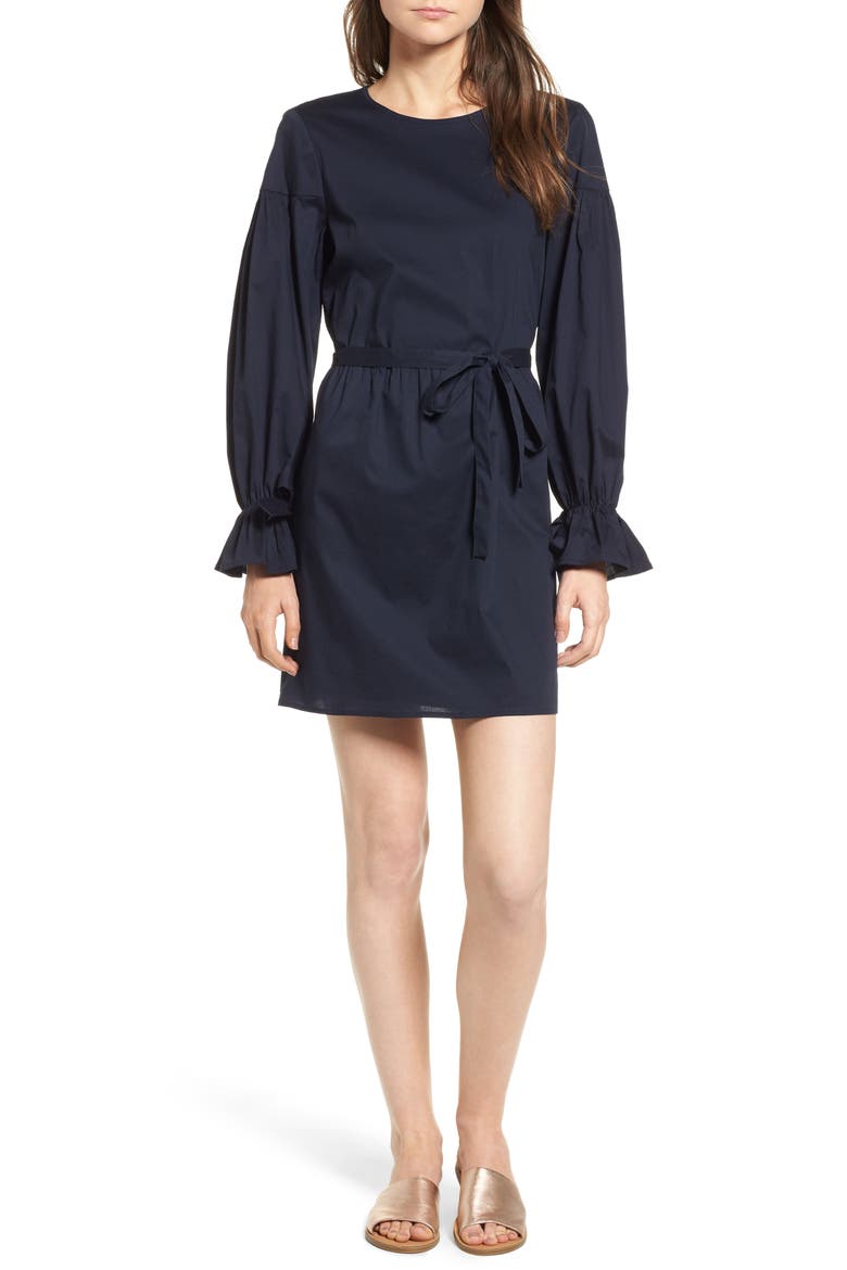 Jeane Bell Sleeve Poplin Dress, Main, color, NAVY