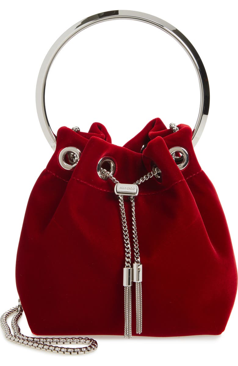 Jimmy Choo Bon Bon Bucket Bag, Main, color, Ruby Red/ Silver