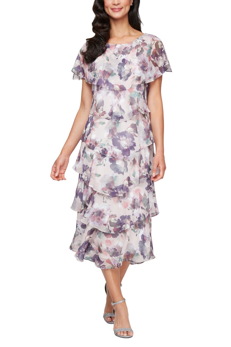 Metallic Floral Tiered Ruffle Cocktail Dress, Main, color, BLUSH MULTI