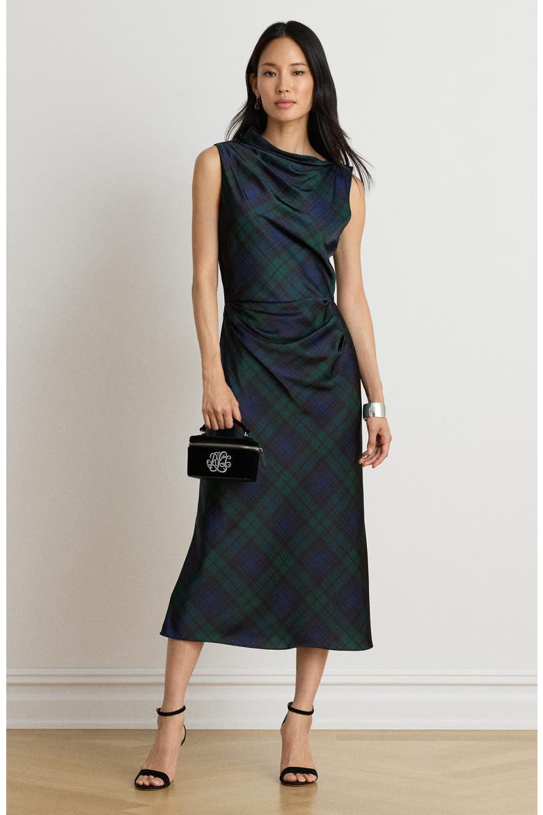 Plaid Satin Charmeuse Sheath Dress, Alternate, color, NAVY BLUE