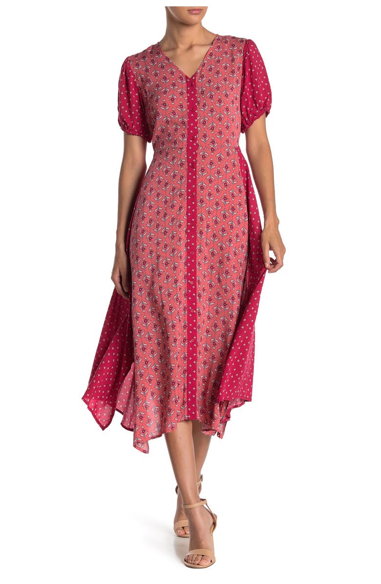 Sharagano Mixed Floral V-Neck Button Midi Dress, Main, color, 