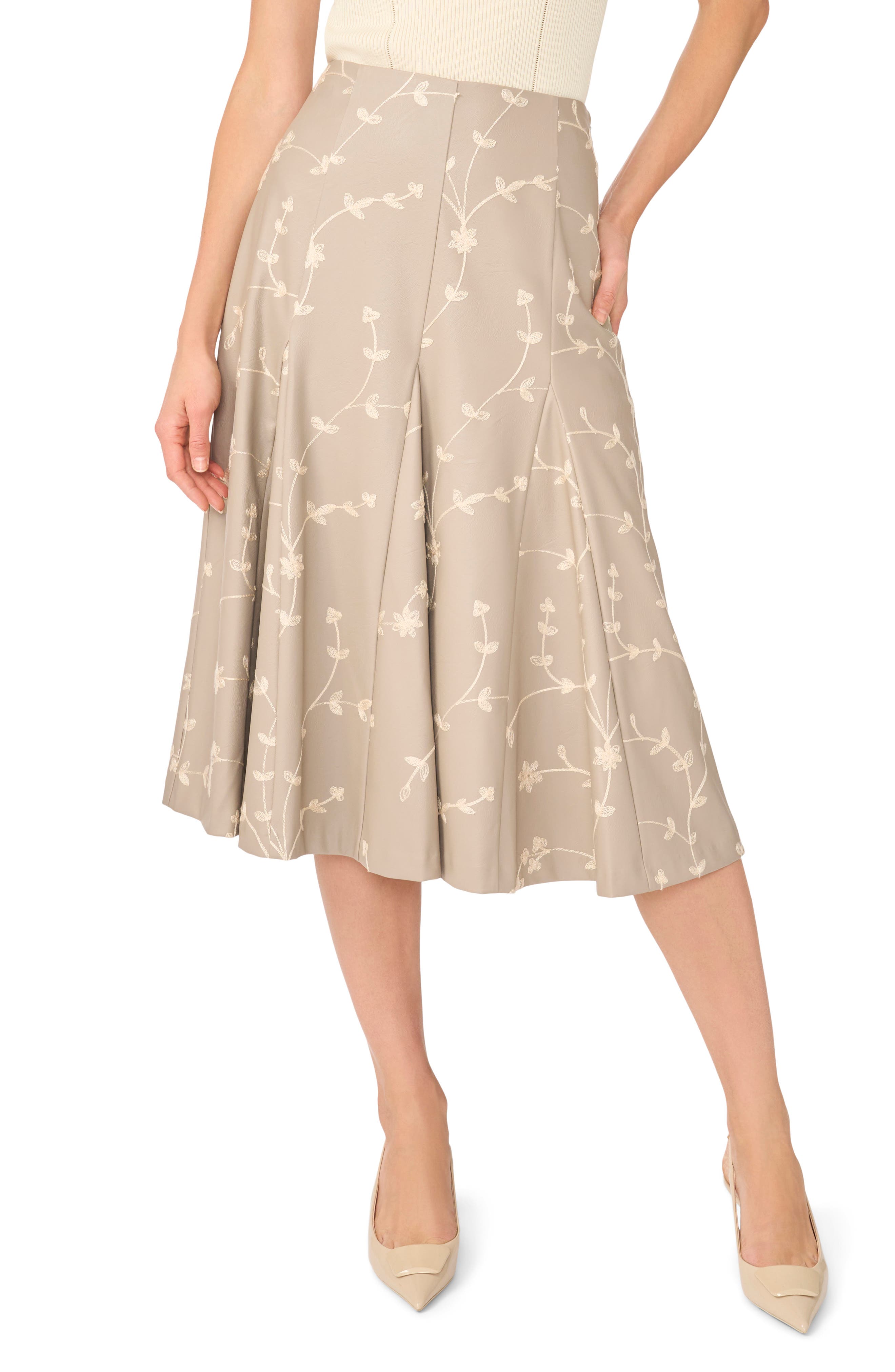 Embroidered Faux Leather Midi Skirt