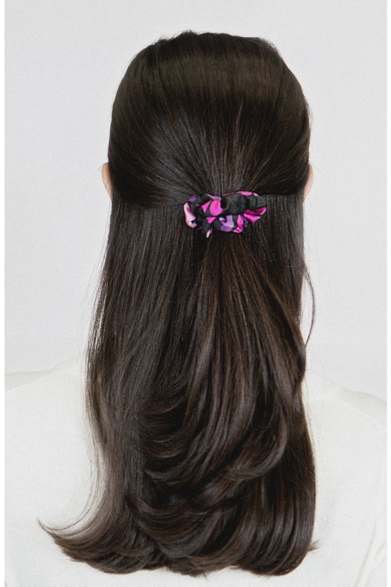 spade clover patchwork silk hair tie, Alternate, color, BLACK
