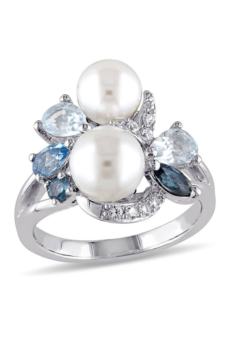 DELMAR White Freshwater Pearl, Created White Sapphire & Mixed Blue Stone Ring, Main, color, Blue