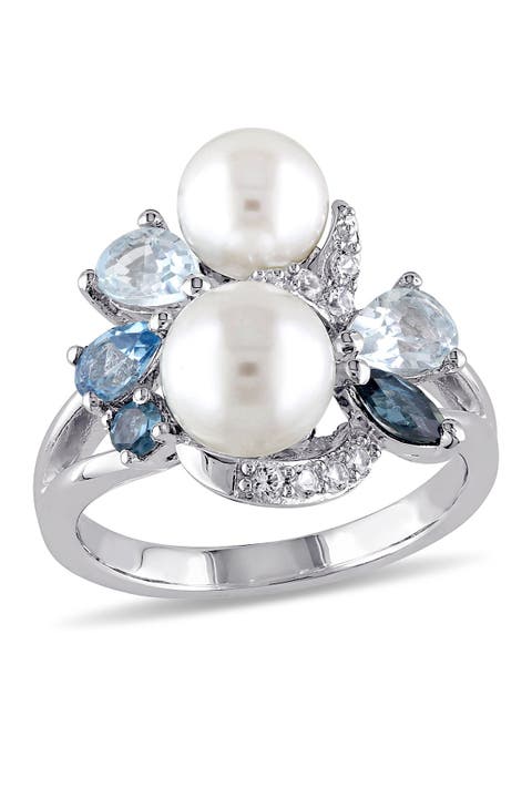 White Freshwater Pearl, Created White Sapphire & Mixed Blue Stone Ring