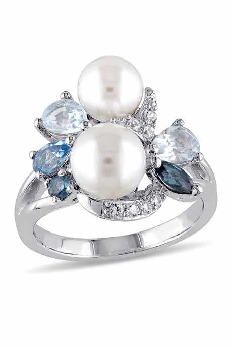 DELMAR White Freshwater Pearl, Created White Sapphire & Mixed Blue Stone Ring