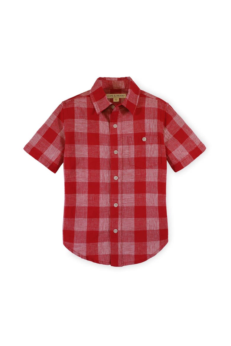 Boys' Linen Short Sleeve Button Down Shirt, Infant, Main, color, Red Pencil Check Linen