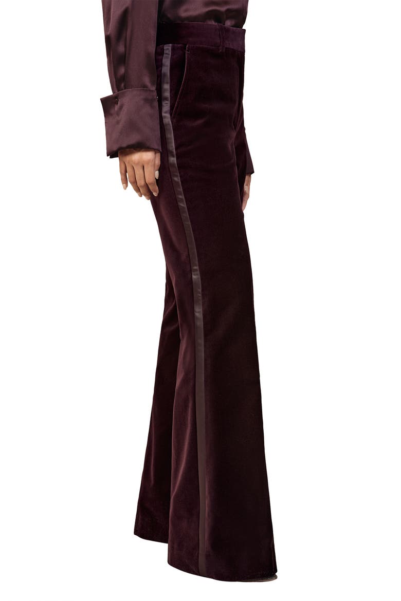Elia Satin Stripe Velvet Flare Pants, Main, color, BURGUNDY