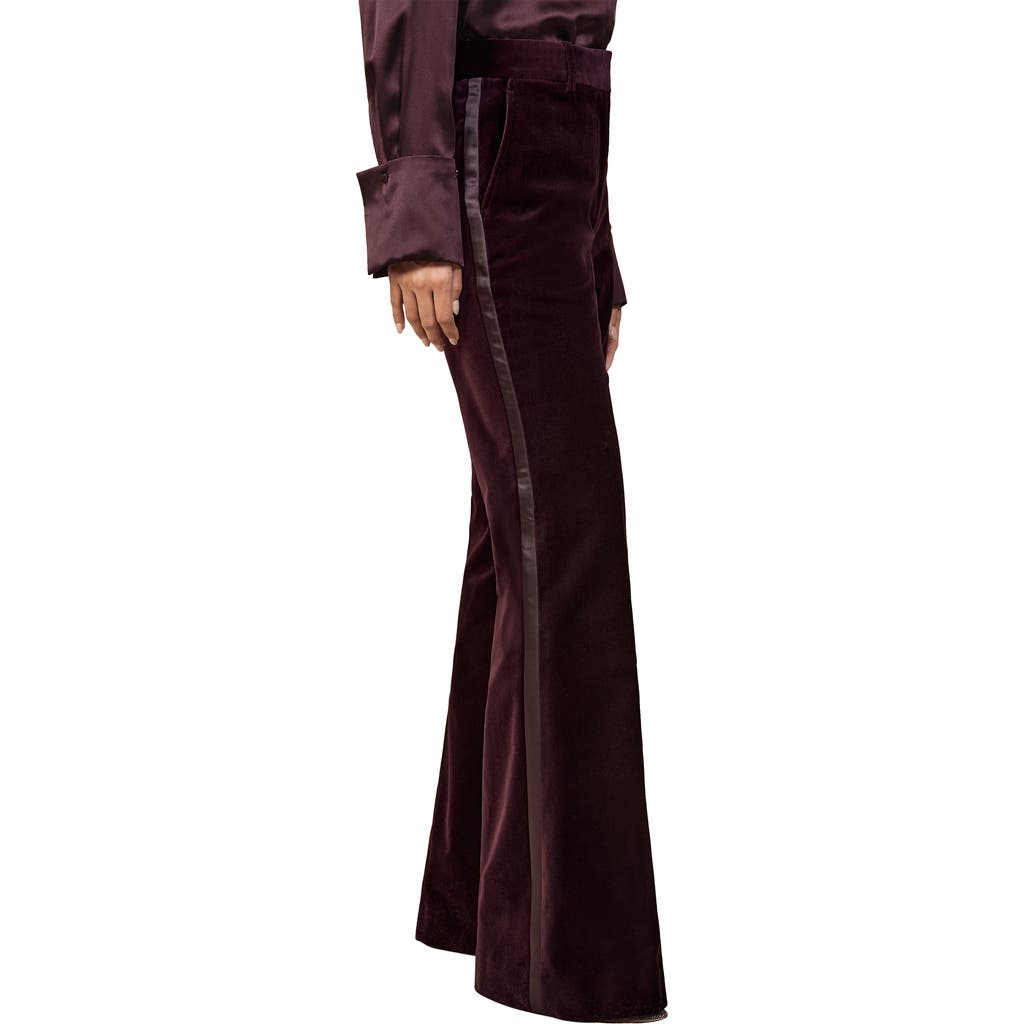 Reiss Burgundy Velvet Tuxedo-stripe Flared Trousers In Brown