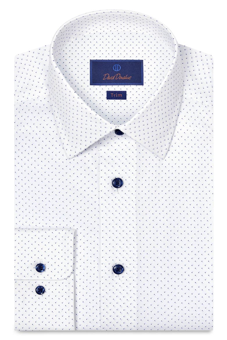 Trim Fit Geometric Dot Print Stretch Cotton Dress Shirt, Main, color, WHITE/ NAVY