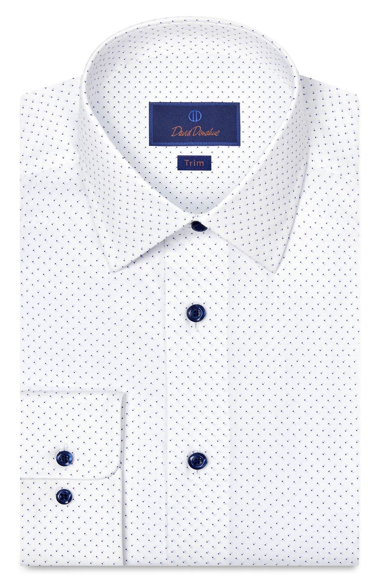David Donahue Trim Fit Geometric Dot Print Stretch Cotton Dress Shirt, Main, color, White/ Navy