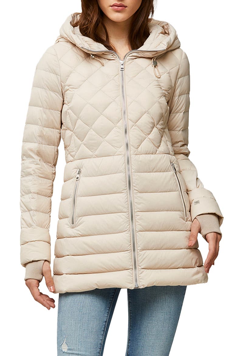 Alyssandra Down Water Repellent Lightweight A-Line Hooded Coat, Main, color, PEARL