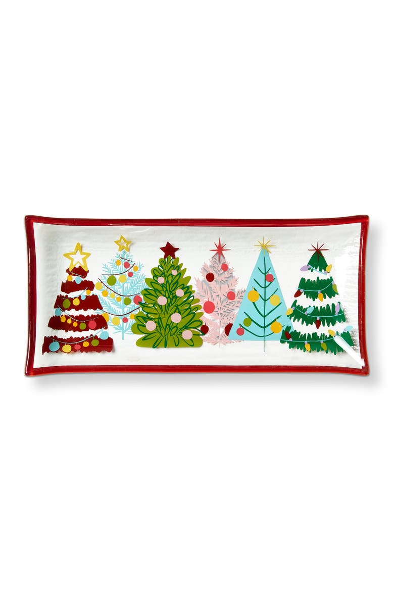 Groovy Trees Glass Trinket Tray Multi 9 x 4.33 x 0.8 in Christmas, Main, color, White
