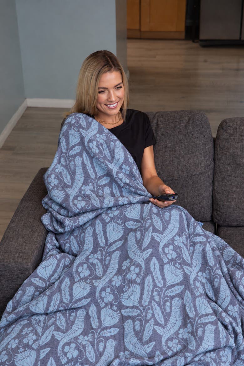 Birds Lightweight Reversible Organic Cotton Muslin Blanket, Alternate, color, Navy