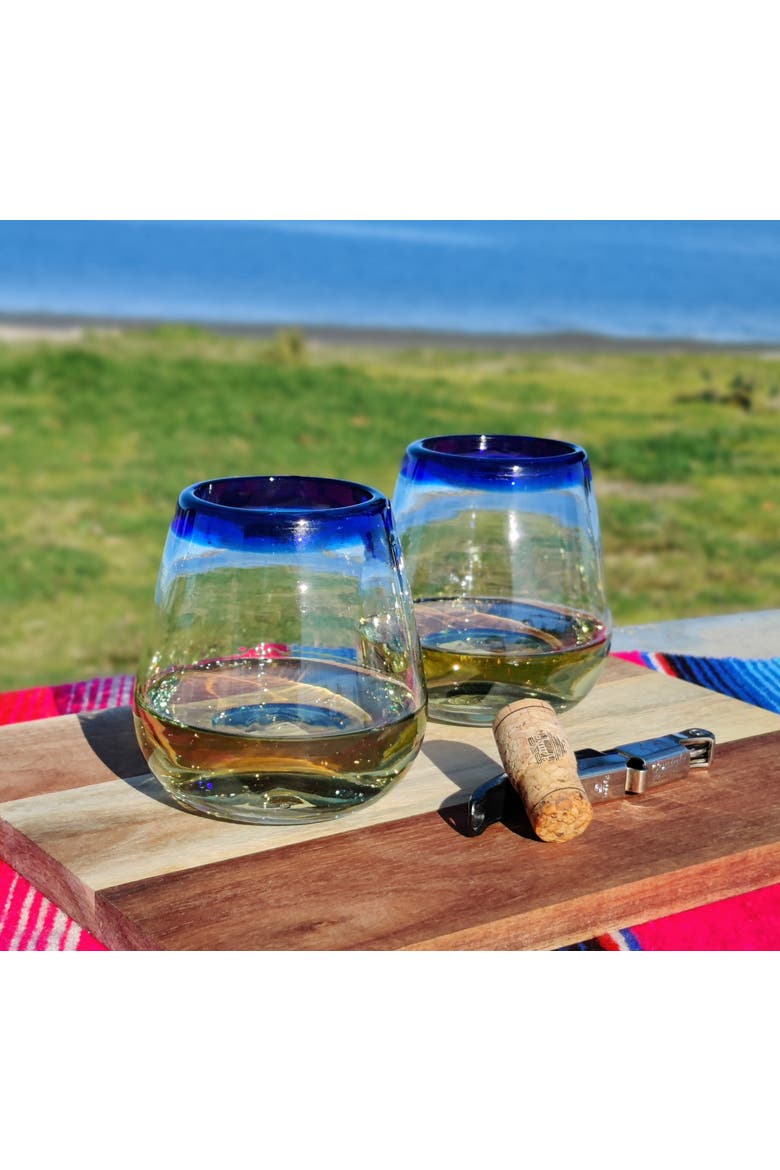 Hand Blown Stemless Wine Glasses - Set of 6, Alternate, color, Cobalt Rim