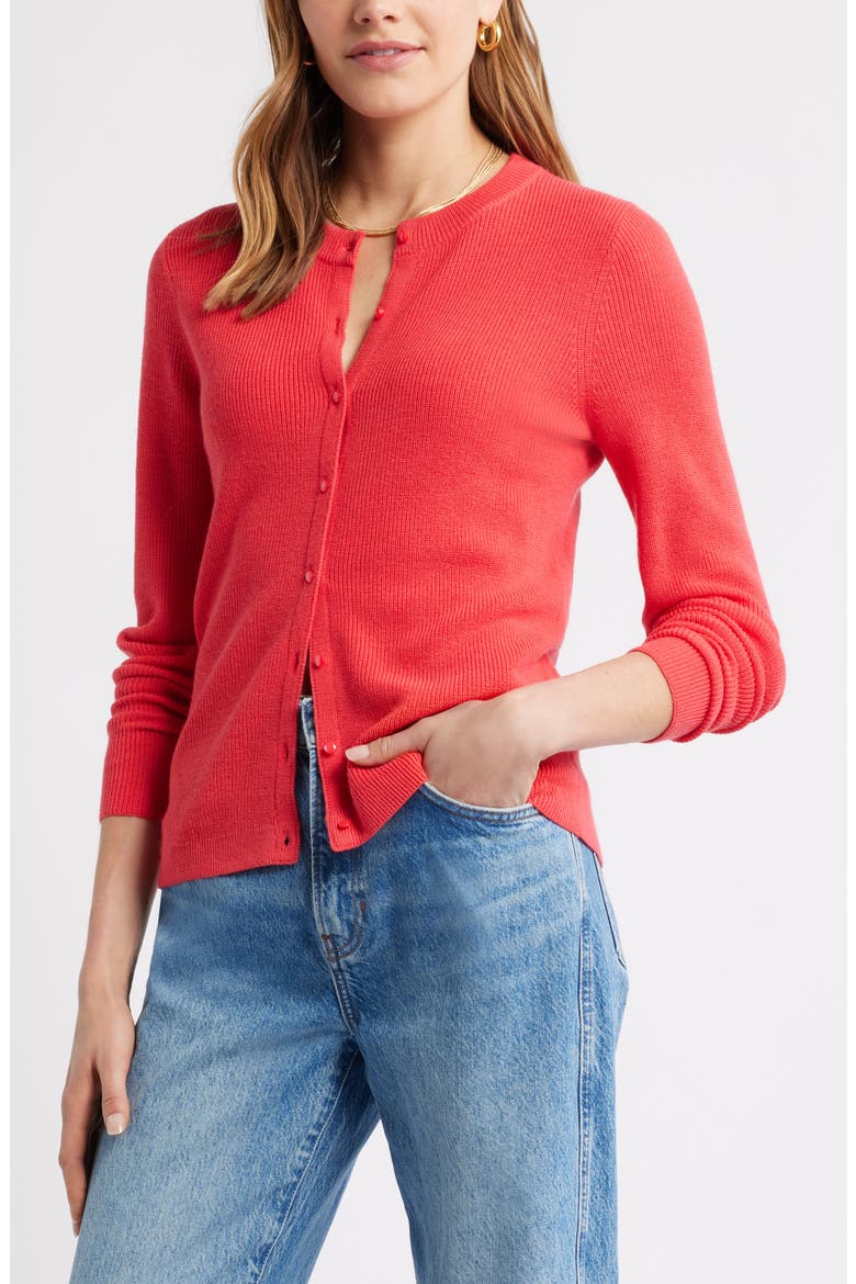 Crewneck Merino Wool Blend Cardigan, Main, color, RED GERANIUM