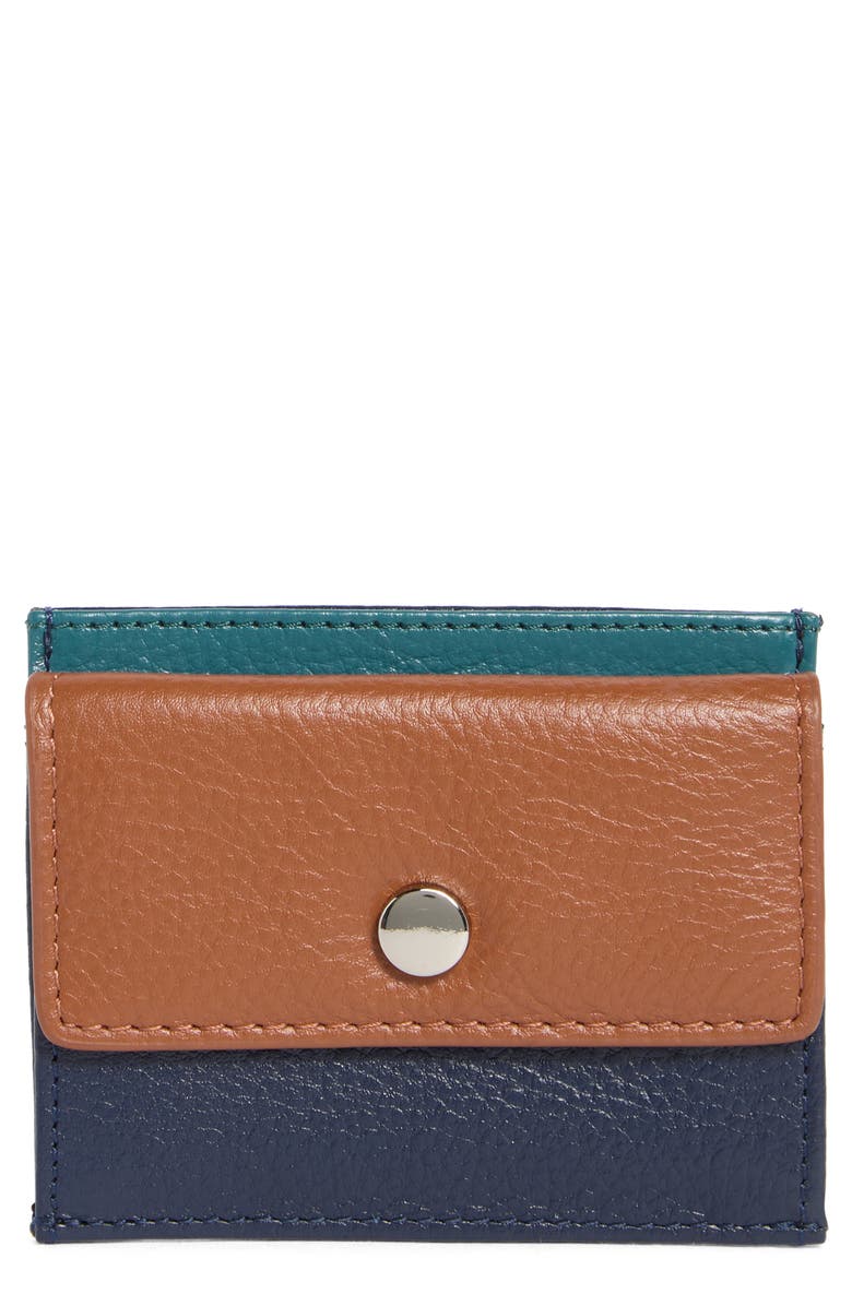 MUNDI SMALL LEATHER GOODS Fiona Leather Card Case, Main, color, Navy/ Cognac/ Teal