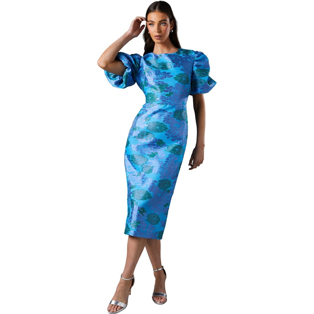 Coast Jacquard Floral Puff Sleeve Midi Dress In Blue