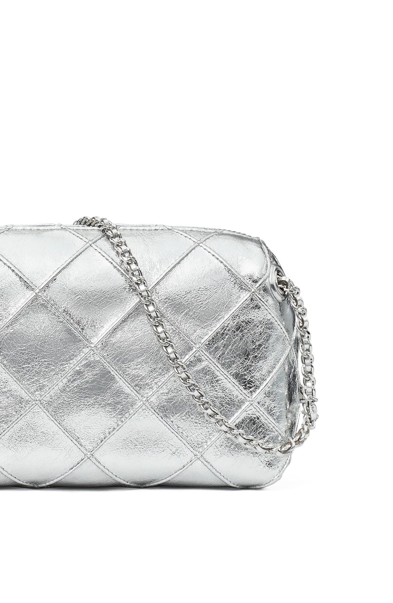 Tory Burch Fleming Soft Metallic Leather Crossbody Bag, Alternate, color, Silver