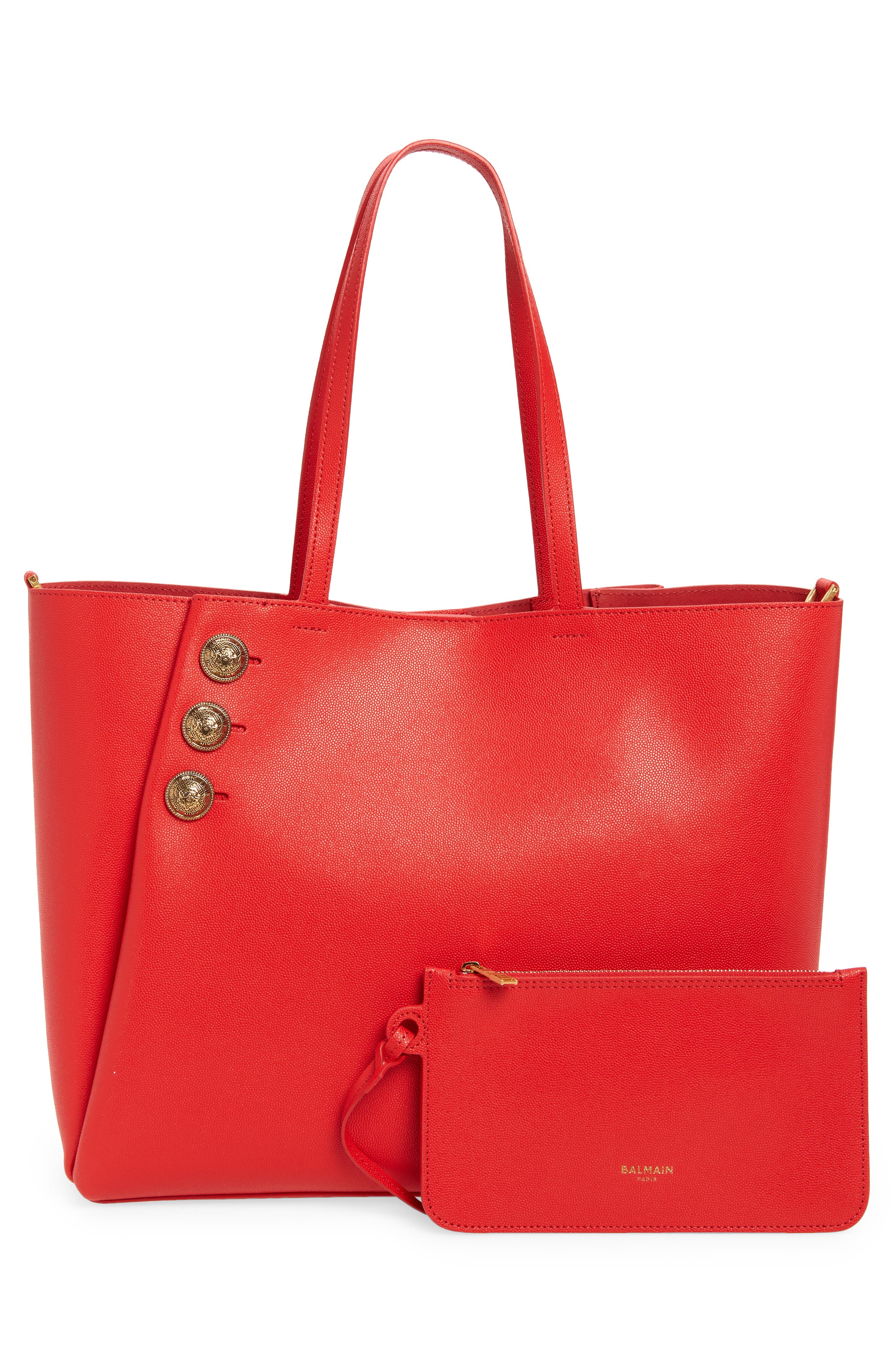 Balmain Emblem Crest Button Calfskin Shopper, Alternate, color, 3Kb Bright Red