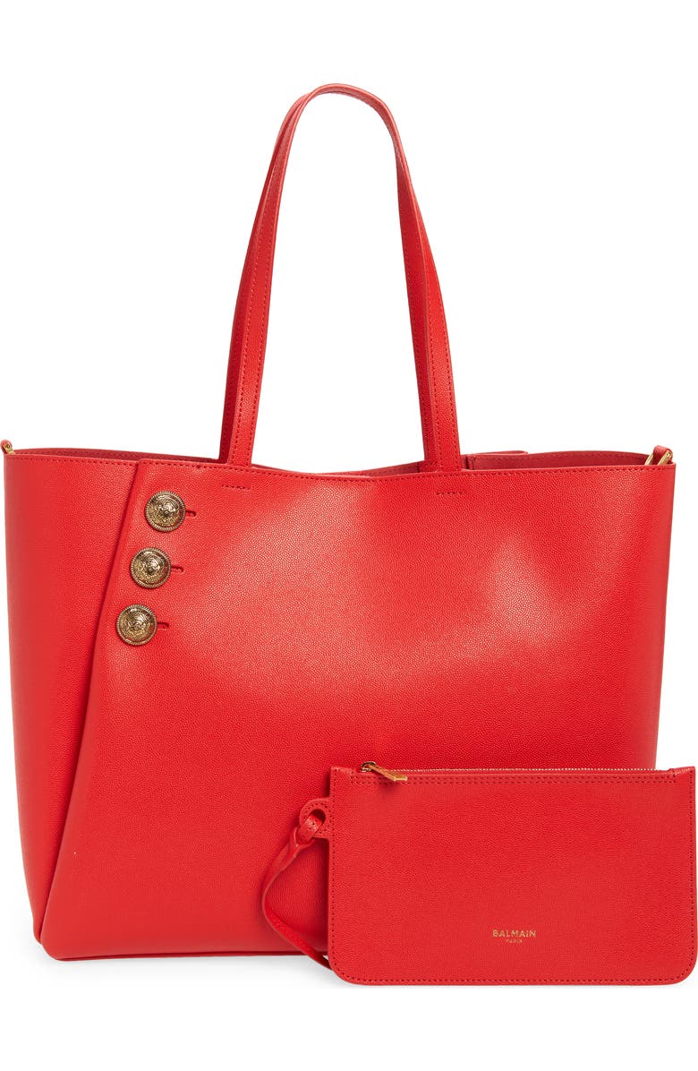 Balmain Emblem Crest Button Calfskin Shopper, Alternate, color, 3Kb Bright Red