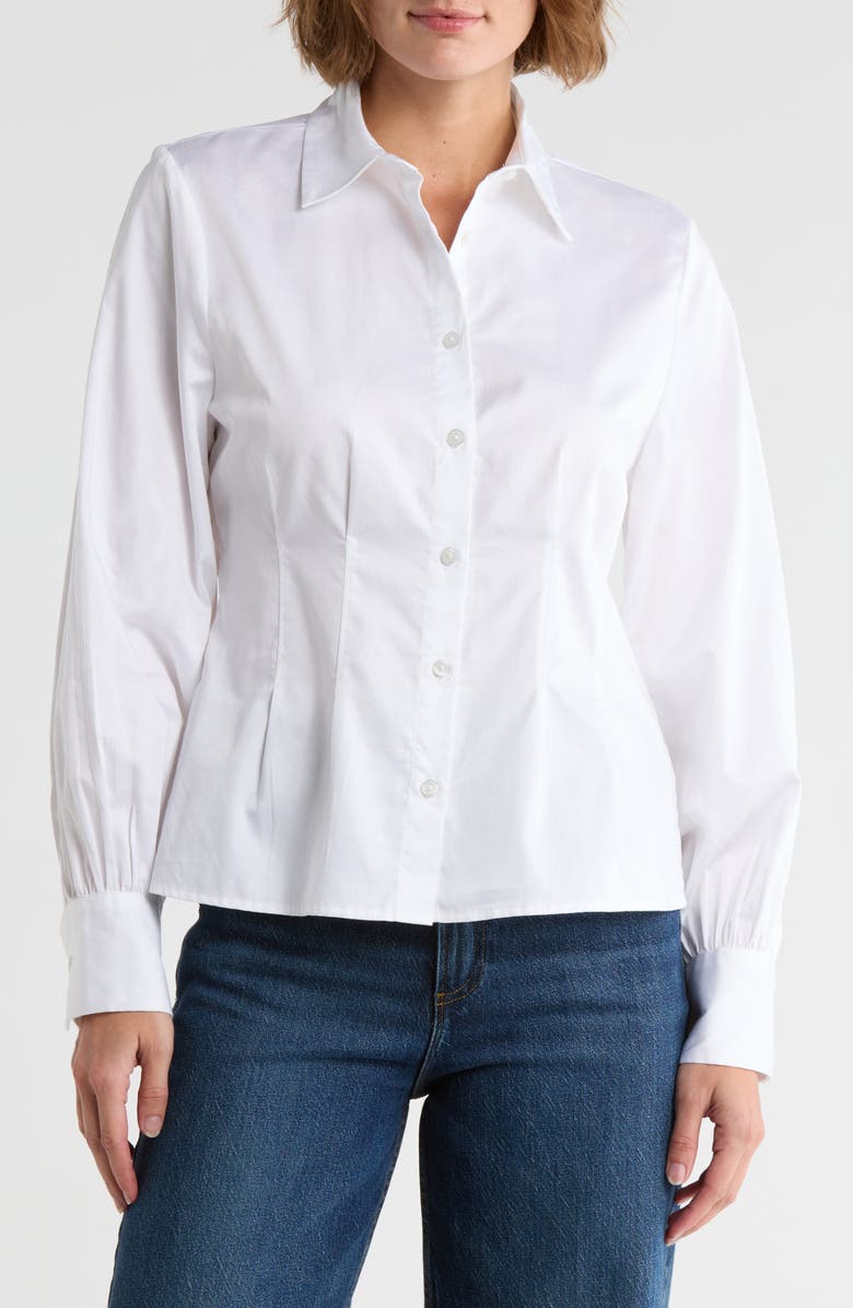 French Connection Pleated Waist Cotton Poplin Button-Up Shirt, Main, color, White