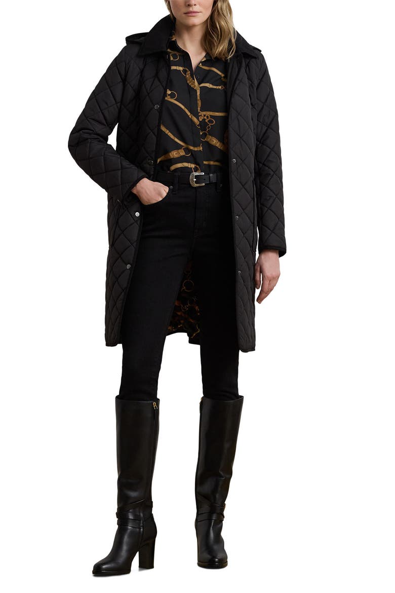 Diamond Quilted Hooded Coat, Alternate, color, BLACK