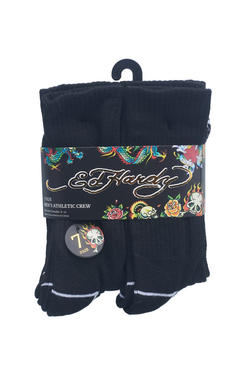 Ed Hardy Athletic Half Cushion Crew Sock 7-Pack, Alternate, color, Black