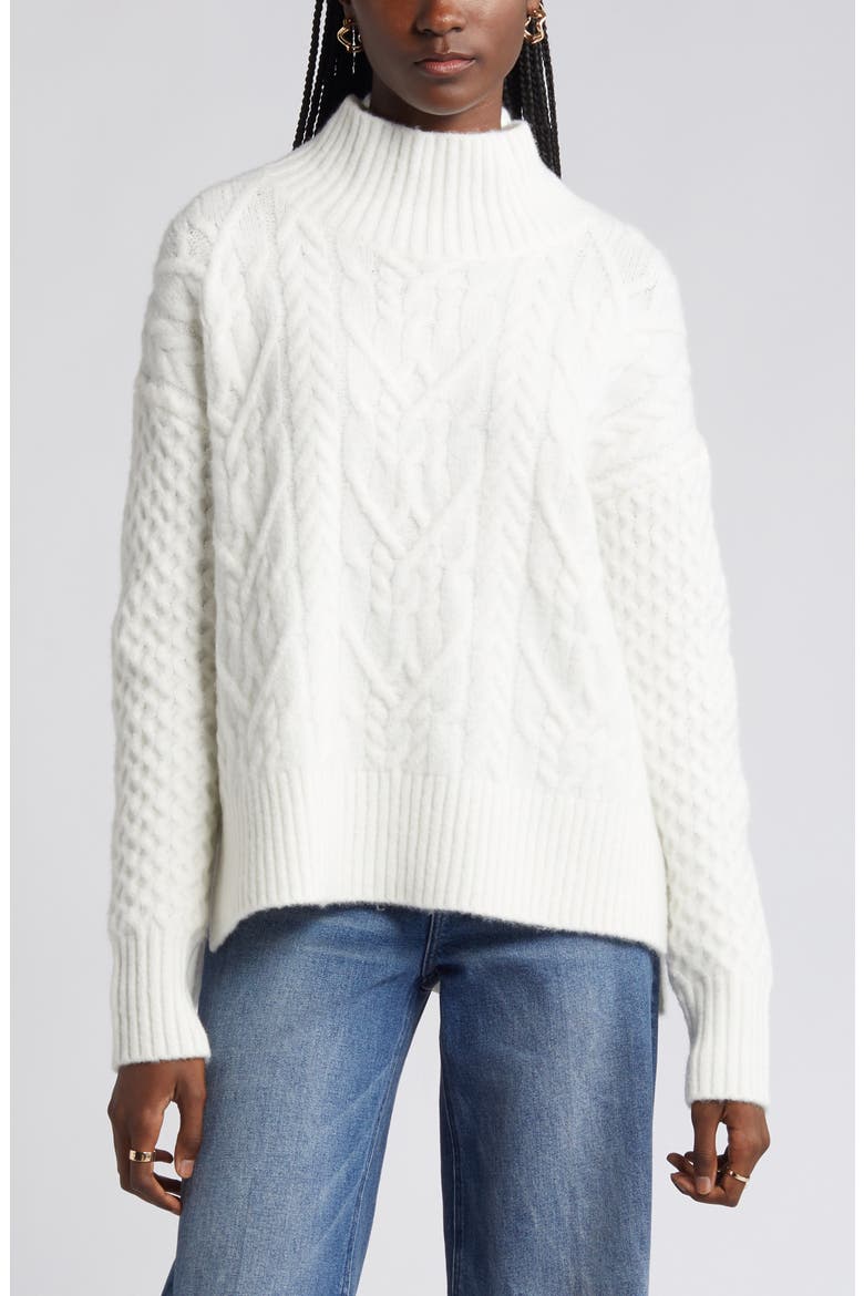 Mock Neck Cable Knit Sweater, Alternate, color, IVORY CLOUD