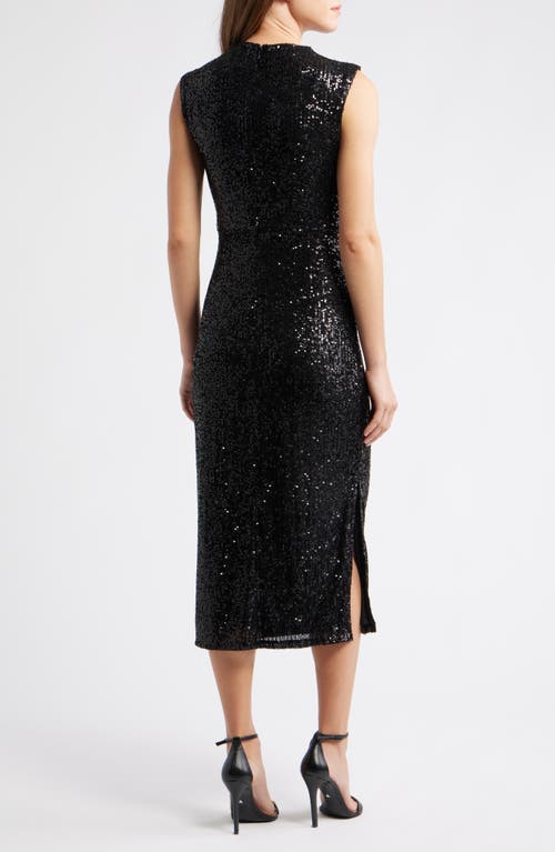Anne Klein Draped Sleeveless Sequin Sheath Midi Dress In Black