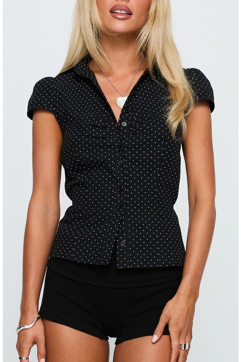 Arianwyn Polka Dot Cap Sleeve Cotton Button-Up Shirt, Main, color, BLACK