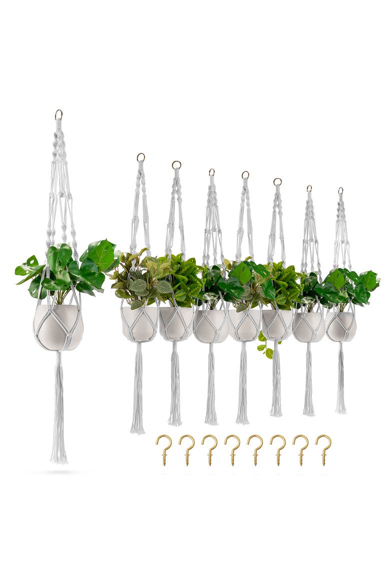 Set of 8 Macramé Plant Hangers, Alternate, color, WHITE