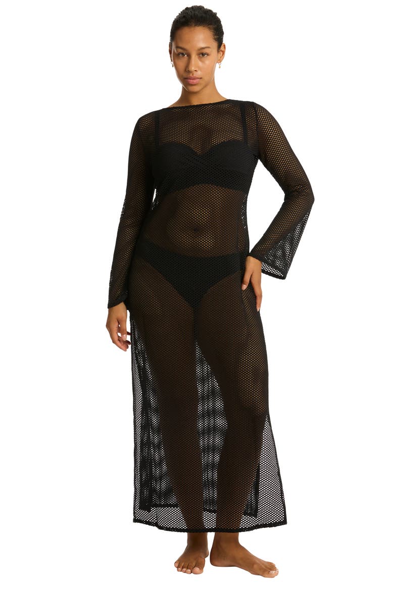 Surf Long Sleeve Mesh Cover-Up Dress, Alternate, color, BLACK