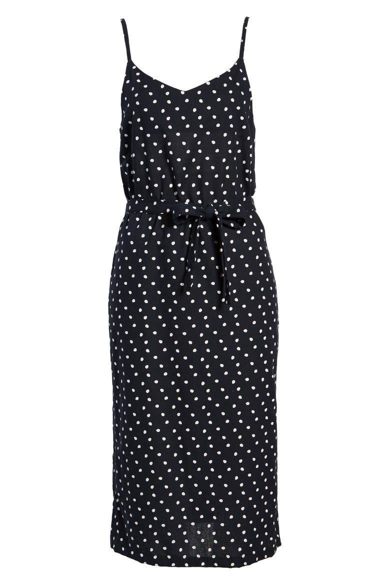 Pip Polka Dot Belted Midi Dress, Alternate, color, NAVY