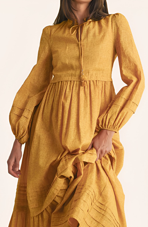 Modenaire Midi Shirred Neckline Tie Front Long Sleeve Tiered Hem Dress In Yellow