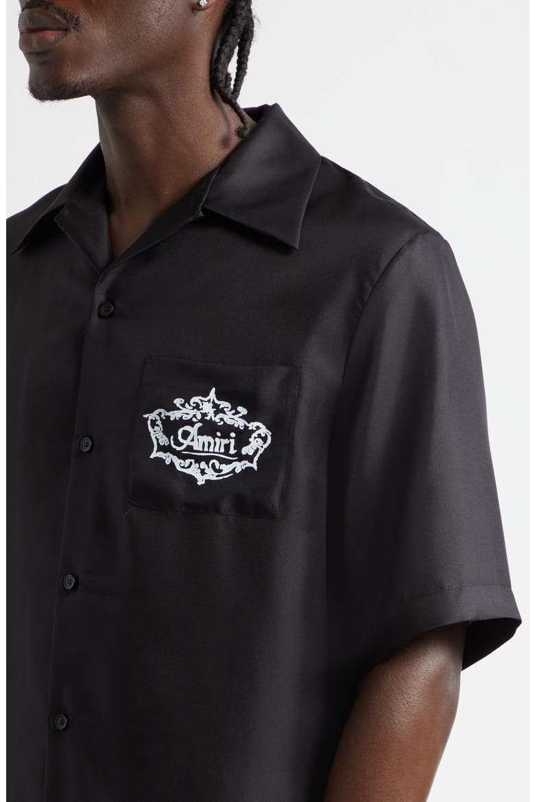 Chateau Amiri Crest Silk Camp Shirt, Alternate, color, BLACK