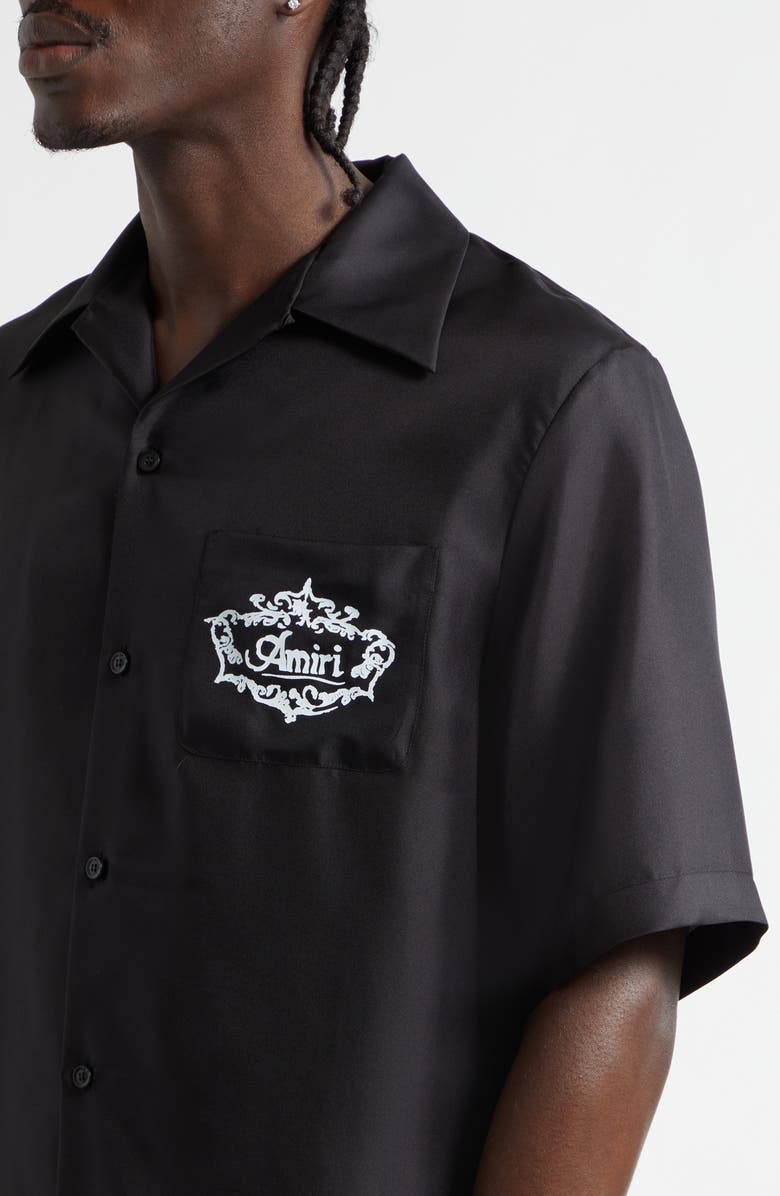 AMIRI Chateau Amiri Crest Silk Camp Shirt, Alternate, color, Black