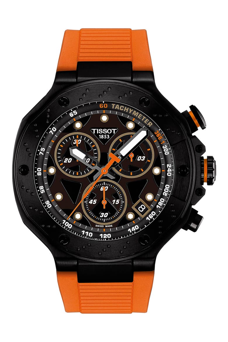 T-Race Chronograph Silicone Strap Watch, 45mm, Main, color, BLACK