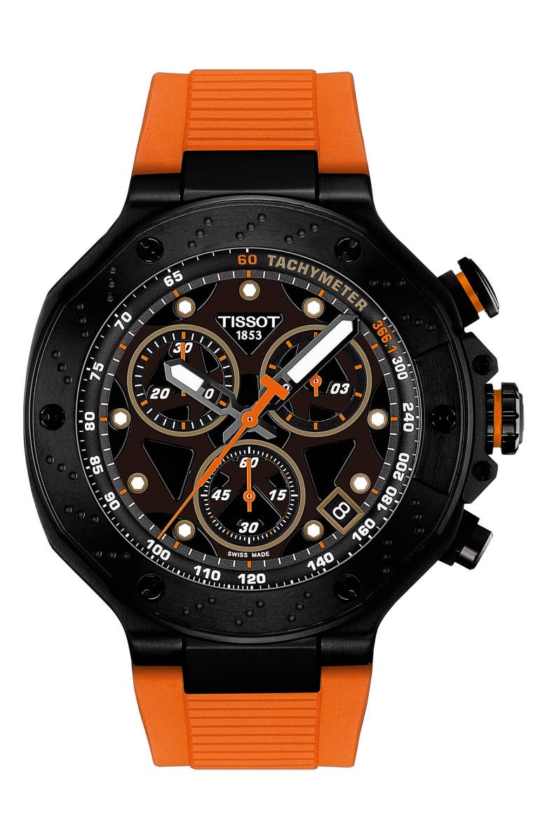 Tissot T-Race Chronograph Silicone Strap Watch, 45mm, Main, color, Black