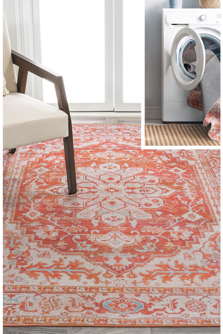 Asa Ornate Medallion Machine-Washable Area Rug, Alternate, color, Orange/Cream